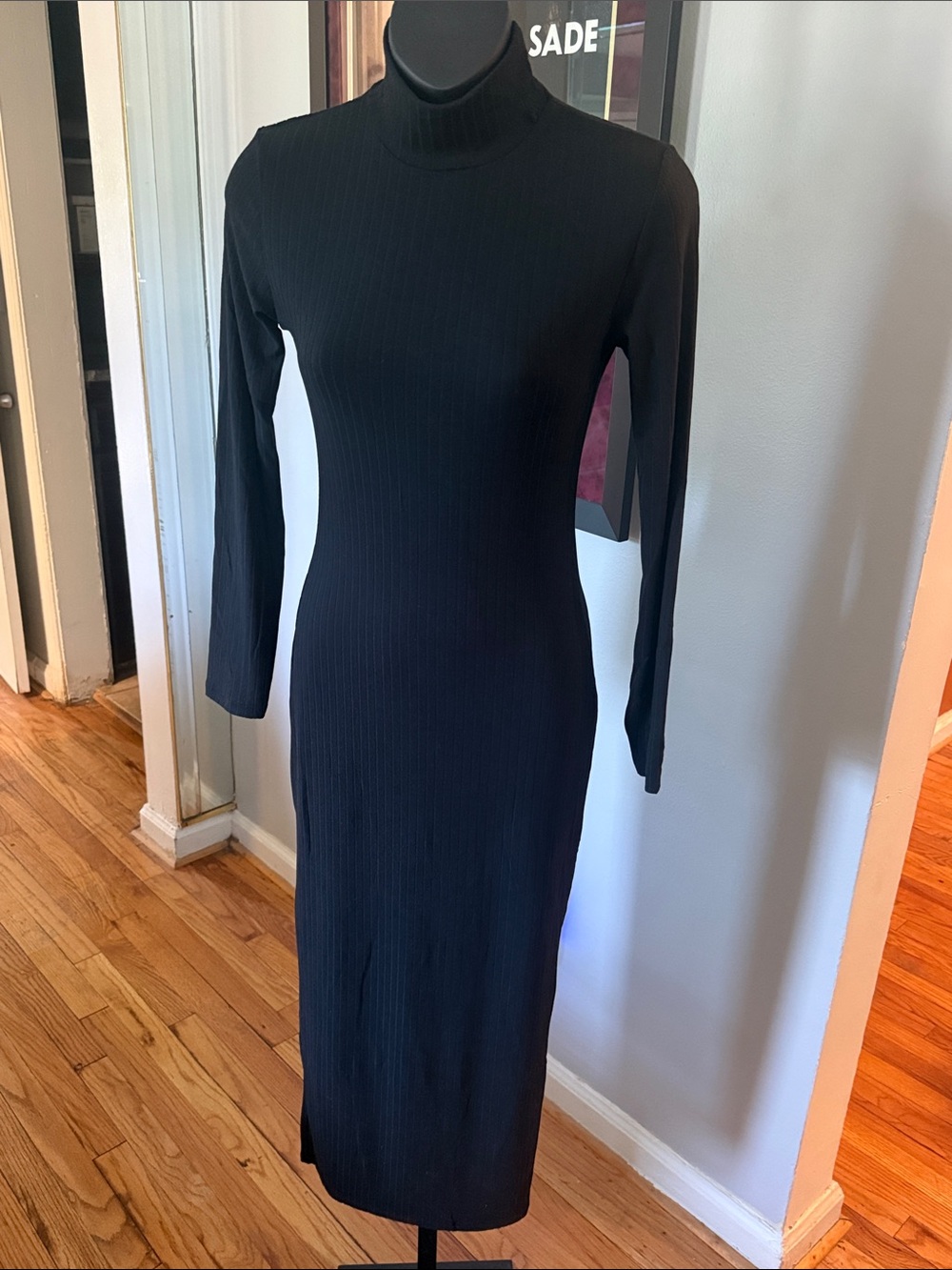 Long Sleeve Black Turtleneck Midi Dress